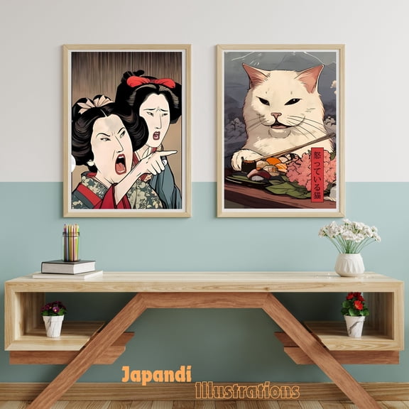 Japanese Cat Meme Art Print, Funny Bathroom Wall Decor, Poster Only