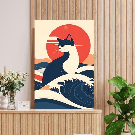 Japanese Cat Minimal Wave Neutral Wall Art Decor Unframed Paper Print