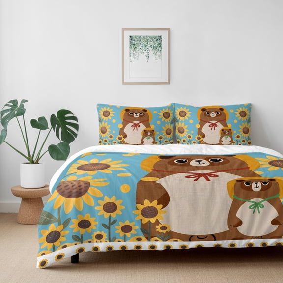 Japanese Cat Pastoral Sunflower California King Size Bed Set,Summer Flower on Blue Bedding for All Seasons,4 Pcs Bed Set with 1 Quiltcover (96"x104"),1 Sheet (110"x98"),2 Pillowcases (20"x36")