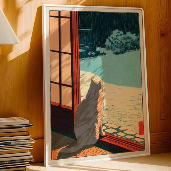 Japanese Cat Poster, Hasui Kawase, Snow Scene Cat - Walmart.com