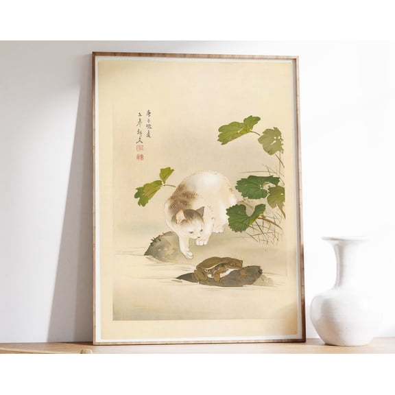 Japanese Cat Poster, Japanese Cat Art Print, Cat And Frog, Animal Wall Art Decor, Animal Art Print, Cat Lovers Gift, Oriental Wall Art, Modern Wall Decor, 12x18 UNFRAMED
