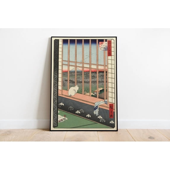 Japanese Cat Poster, Vintage Asian Art Print, Traditional Mount Fuji Illustration, Classic Wall Decor UNFRAMED