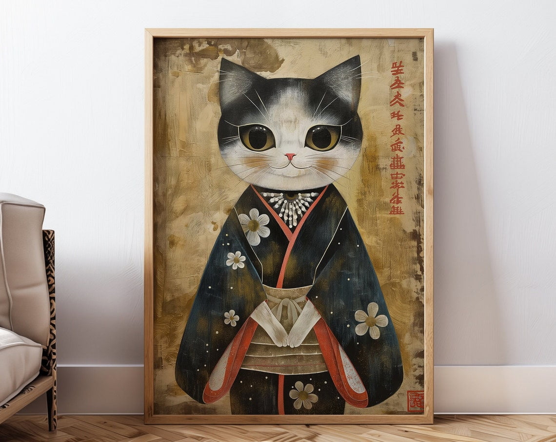 Japanese Cat Print Wall Art Japanese Cat Painting Cat Lover Gift Home ...