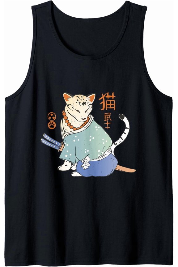 Japanese Cat Samurai Ninja Traditional Art Cats Lovers Gift Tank Top Size S-3XL
