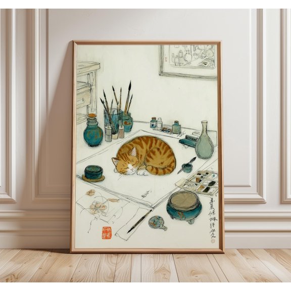 Japanese Cat Serene Studio Scene Asian Minimalist Calming Home Decor, Stretched Canvas 16x20in