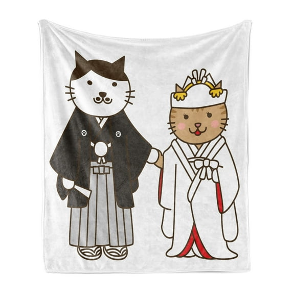 Japanese Cat Soft Flannel Fleece Throw Blanket, Happy Newlywed Cats Bride and Groom Kitten Couple, Cozy Plush for Indoor and Outdoor Use, 60" x 80", Dark Grey White, by Ambesonne