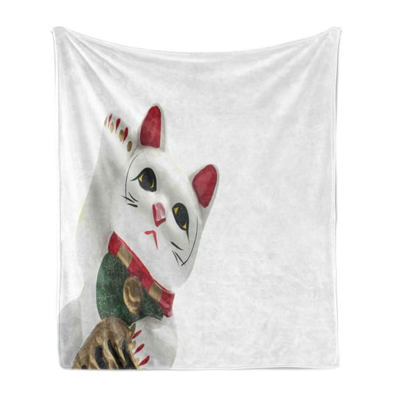 Japanese Cat Soft Flannel Fleece Throw Blanket, Lucky Cat Neko Success Fortune Traditional Toy, Cozy Plush for Indoor and Outdoor Use, 50" x 70", Multicolor, by Ambesonne