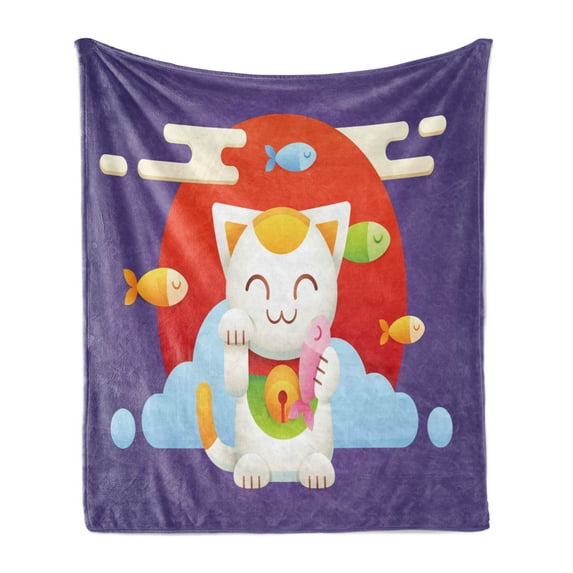 Japanese Cat Soft Flannel Fleece Throw Blanket, Maneki Neko Cat Holding Coins and Fish for Fortune, Cozy Plush for Indoor and Outdoor Use, 50" x 70", Vermilion Mustard, by Ambesonne