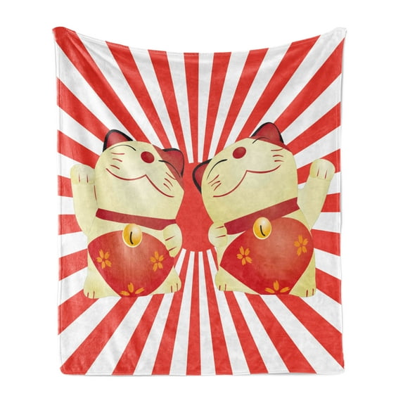 Japanese Cat Soft Flannel Fleece Throw Blanket, Starburst Lines Funky Luck Having Fun Cat Lover, Cozy Plush for Indoor and Outdoor Use, 70" x 90", Dark Coral Cream, by Ambesonne