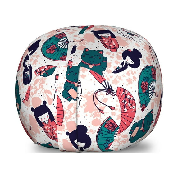 Japanese Cat Storage Toy Bag Chair, Items Maneki Neko Geisha Fan Doodles Pattern, Stuffed Animal Organizer Washable Bag, Large Size, Blush Multicolor, by Ambesonne
