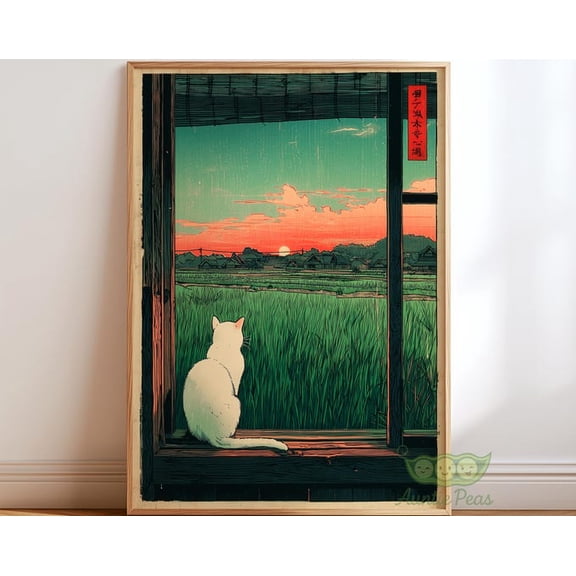 Japanese Cat Sunset Landscape Wall Art Print, Unframed Paper Poster 8x10in