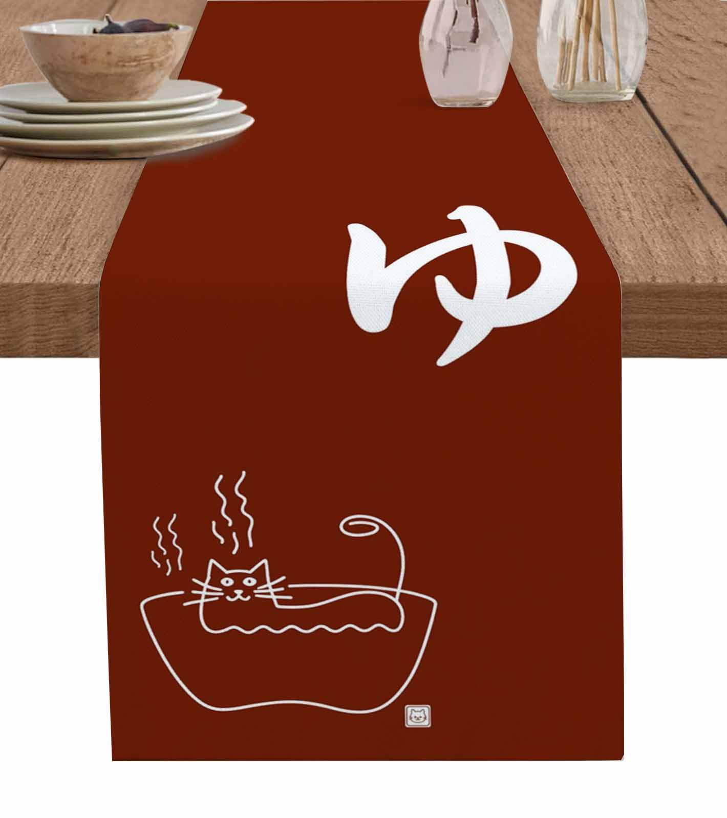 Japanese Cat Table Runner 108 Inches, Modern Minimalist Cartoon Brown ...