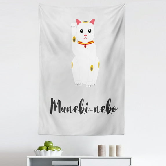 Japanese Cat Tapestry, Maneki Neko Typography White Cat Prospering, Fabric Wall Hanging Decor for Bedroom Living Room Dorm, 5 Sizes, White Coconut, by Ambesonne