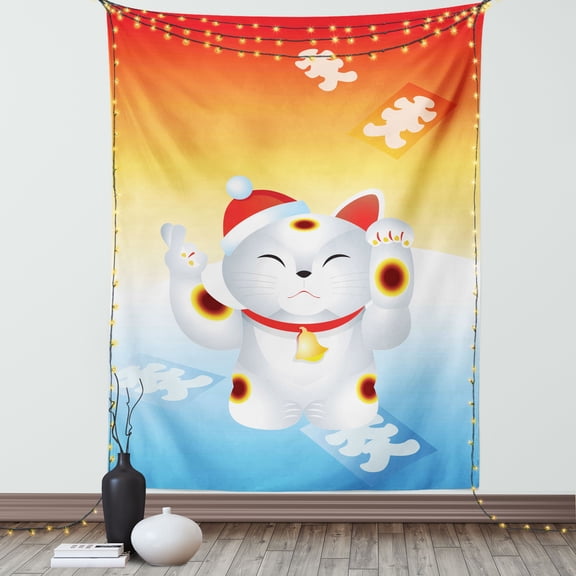 Japanese Cat Tapestry, New Year Cat Maneki Neko Luck Paws Eastern Tradition Ombre, Wall Hanging for Bedroom Living Room Dorm Decor, 60W X 80L Inches, Orange Sky Blue Vermilion, by Ambesonne