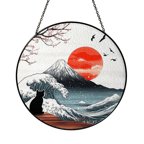 Japanese Cat and Wave Stained Glass Suncatcher, Window Hanging Decor Featuring Cat Figure with Stylized Ocean Wave and Sunset