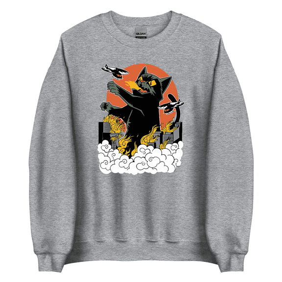 Japanese Catzilla Sunset Sweatshirts - Classic Fit, Crew Neck