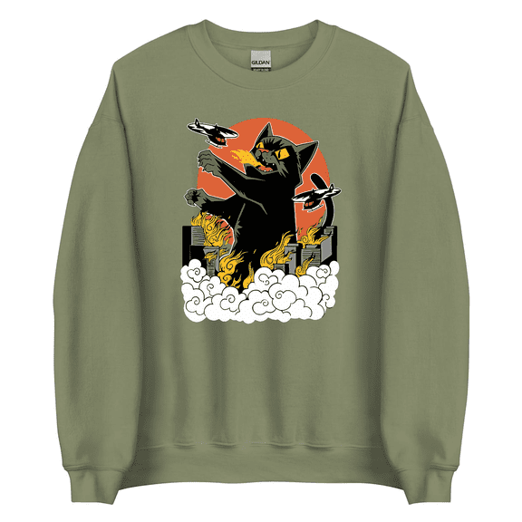 Japanese Catzilla Sunset Sweatshirts - Classic Fit, Crew Neck