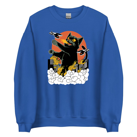 Japanese Catzilla Sunset Sweatshirts - Classic Fit, Crew Neck