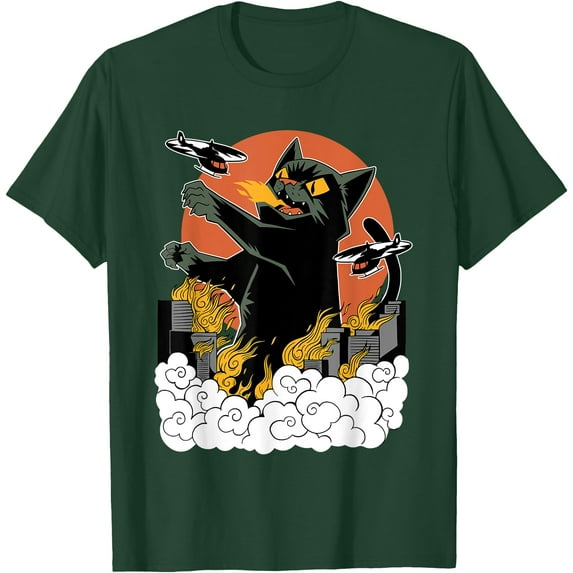 Japanese Catzilla Sunset Unisex T-Shirt for Men Women Kids Toddler,Forest Green Color,Size YL