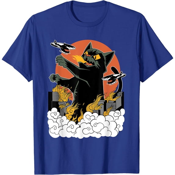 Japanese Catzilla Sunset Unisex T-Shirt for Men Women Kids Toddler,Royal Blue Color,Size 4T