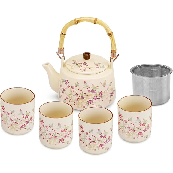 Japanese Ceramic Tea Set, 17oz Bamboo Handle Teapot with Stainless Steel Infuser and 4 Cups, Floral Pattern Tea Service for Loose Leaf Tea, Gift for Tea Lovers