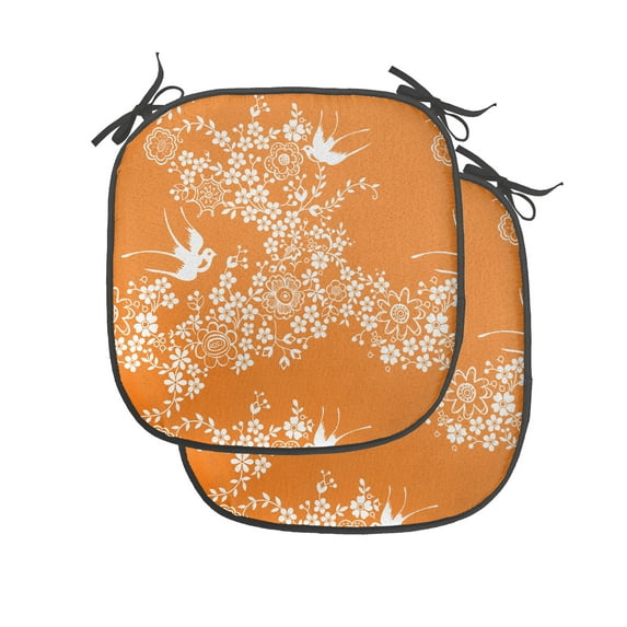 Japanese Chair Seating Cushion Set of 4, Oriental Floral Japanese Style Flying Birds Pastel Colored Spring Pattern, Seat Pads for Office with Anti-slip Backing, 16"x16", Marigold White, by Ambesonne