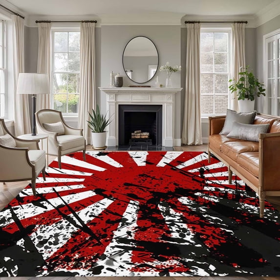 Japanese Chariot Flag Area Rug 5x8 Washable Rug Non Slip Red Black Flag Abstract Large Area Rug Soft Stainresistant Indoor Floor Carpet for Living Room Bedroom Home Office Dining Room Nursery