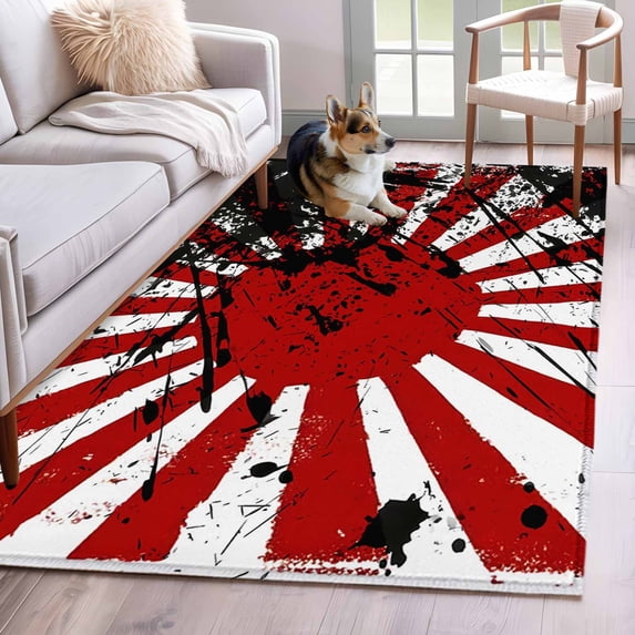 Japanese Chariot Flag Kitchen Runner Rug 2.7x5 Washable Runners for Hallway Non Slip Red Black Flag Abstract Large Area Rug Indoor Floor Carpet for Bathroom Laundry Entryway Bedroom Living Room