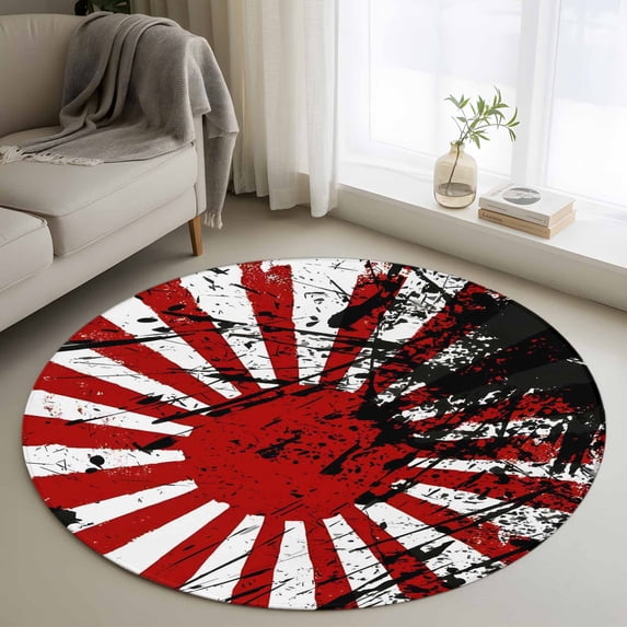 Japanese Chariot Flag Round Rug 3.3ft Washable Circle Entryway Rugs Non Slip Red Black Flag Abstract Area Rug Indoor Floor Carpet for Bedroom Kitchen Living Room Home Office Dining Room Nursery
