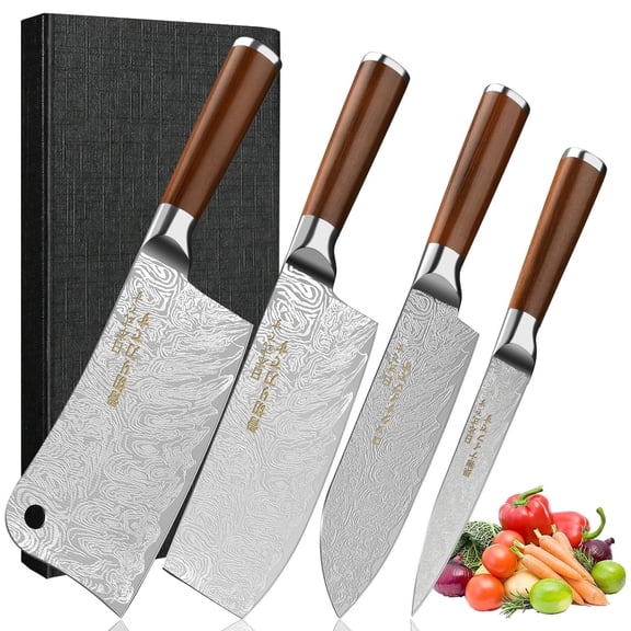 Japanese Chef Knife Set - 4 Pcs Professional High Carbon Steel Kitchen Knives Set Ergonomic Wood Handle Dishwasher Safe