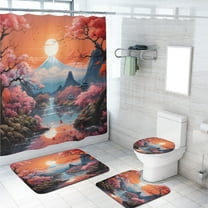 Japanese Cherry Blossom 4 Pieces Shower Curtain Set with Non-Slip Rug Spring Pink Floral Romantic Scenery with 12 Hooks, Bath Mat Set Bathroom Decor by Durable Waterproof Fabric, 72x72 Inch