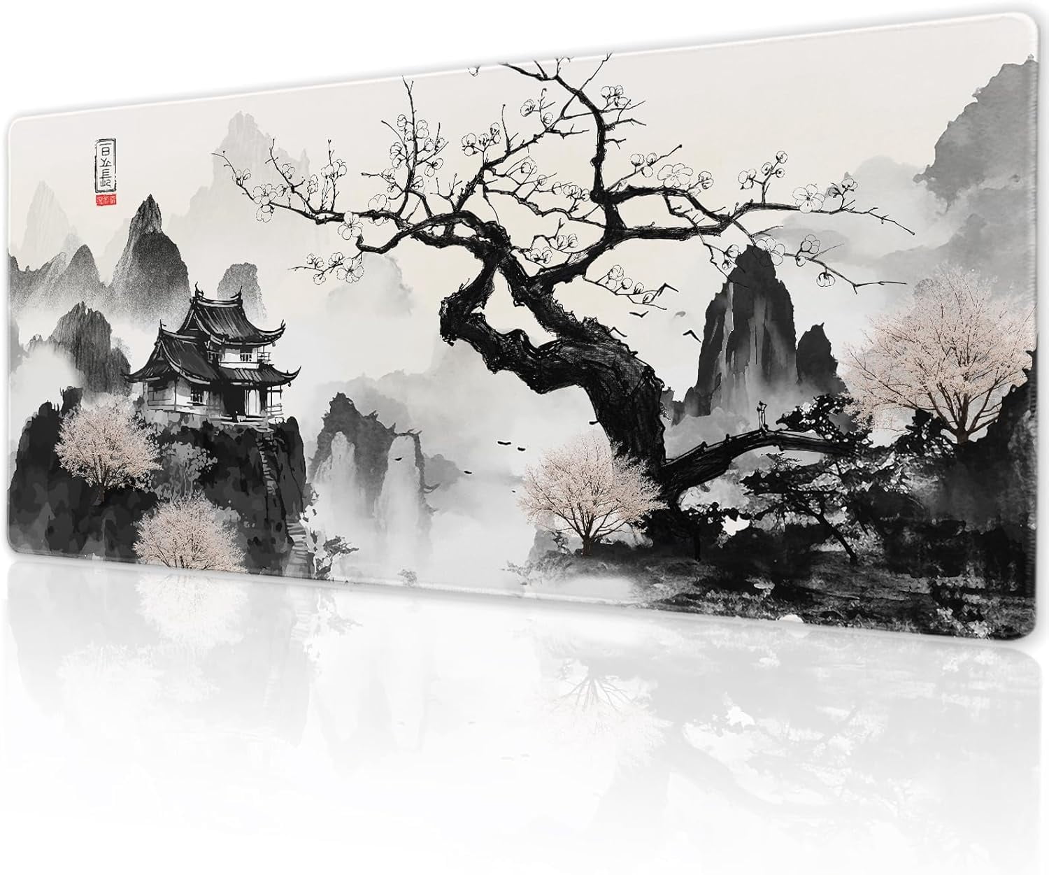 Japanese Cherry Blossom Anime Large Mouse Pad XL Black White Sakura