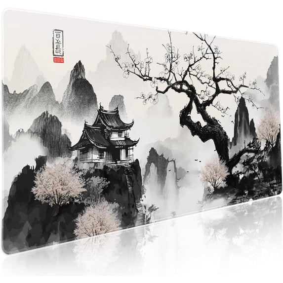 Japanese Cherry Blossom Anime Large Mouse Pad XXL Black White Sakura Tree Mountain Extended Large Desk Mat Big Desk Pad 90X40 CM Non-Slip Rubber Base Stitched Edge Long Mousepad,35.4 x 15.7 Inch