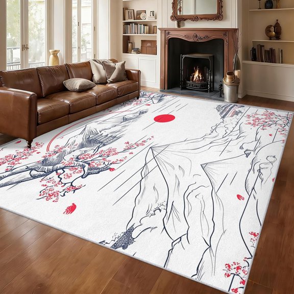Japanese Cherry Blossom Area Rugs, Blue Asian Oriental Ukiyo-E Pattern Carpet, Washable Non Slip Low Pile Soft Rug for Living Room Decor Mat 2x3ft