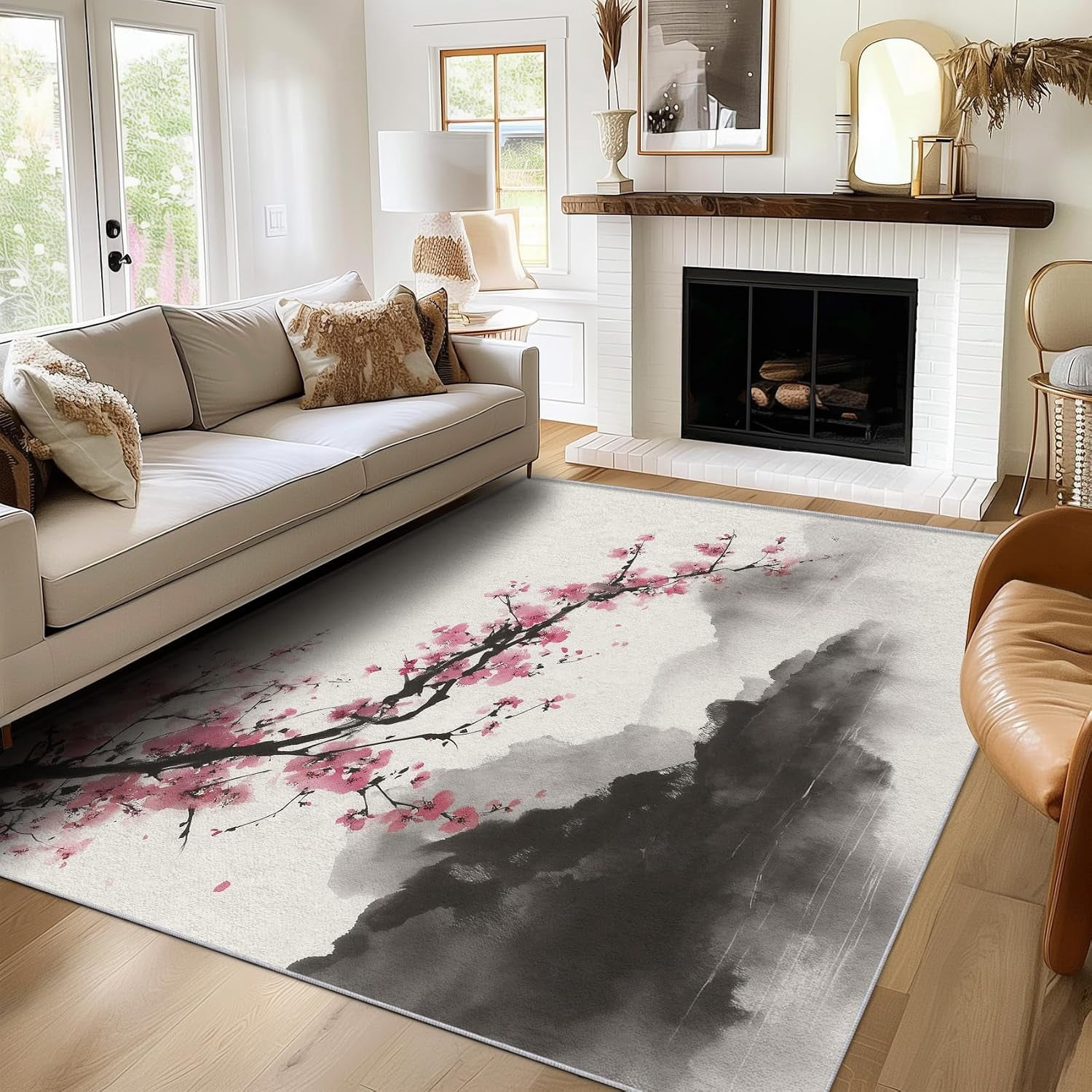 Japanese Looking Rug Japanese Cherry Blossom Area Rugs, Ink Mountain Floral Carpet, Asian ...