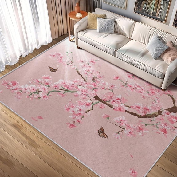 Japanese Cherry Blossom Area Rugs, Pink Floral Carpet, Washable Non Slip Low Pile Soft Rug for Entryway Bedroom Decor Mat 2ftx3ft