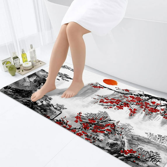 Japanese Cherry Blossom Bathroom Rugs, Asian Japanese Non-Slip Bath Rugs for Bathroom, Mount Red Sun Bathroom Rug Mat 17X48inch, Extra Soft and Absorbent Bath Rugs