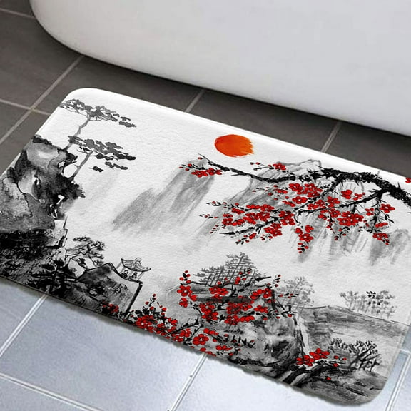 Japanese Cherry Blossom Bathroom Rugs, Asian Japanese Non-Slip Bath Rugs for Bathroom, Mount Red Sun Bathroom Rug Mat 17x29inch, Extra Soft and Absorbent Bath Rugs