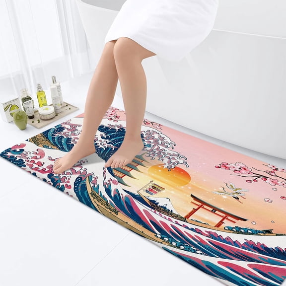 Japanese Cherry Blossom Bathroom Rugs, Japanese Non-Slip Bath Rugs Asian Japanese Bathroom Rugs Set, Mount Red Sun Bathroom Rug Mat 17X48inch, Extra Soft and Absorbent Bath Rugs