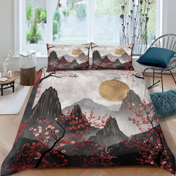 Japanese Cherry Blossom Bedding Sets Floral Duvet Cover Eastern Landscape Comforter Cover Vintage Blossom Pattern Duvet Cover Set Breathable, Soft