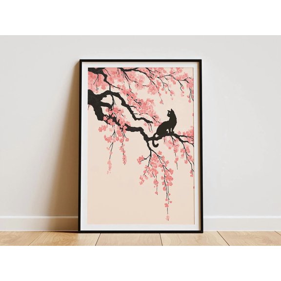 Japanese Cherry Blossom Black Cat Spring Poster Unframed Paper Print