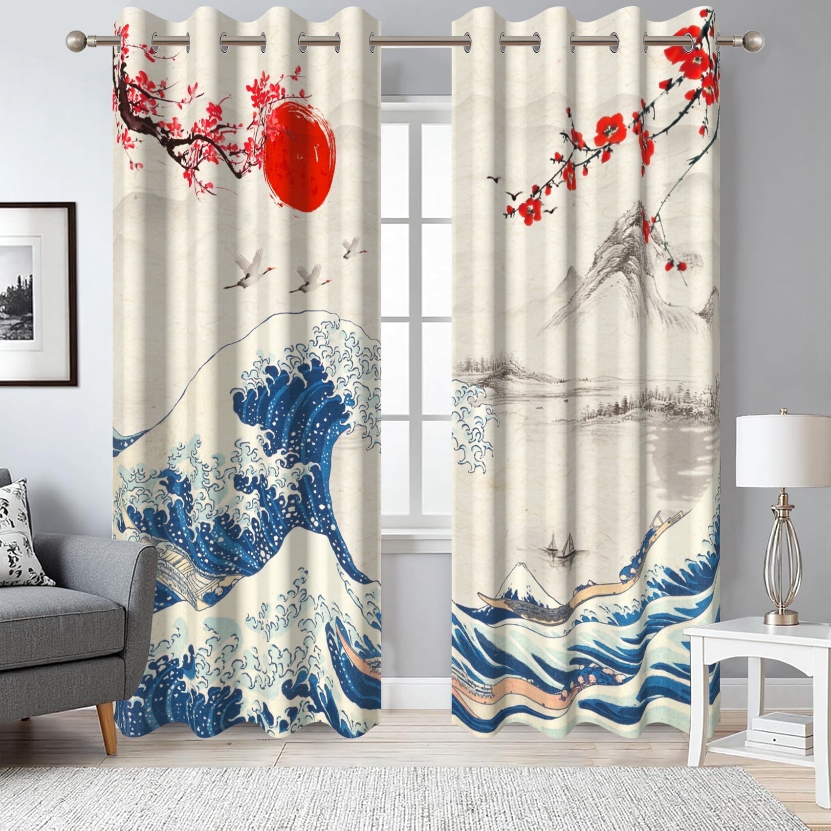 Japanese Cherry Blossom Blackout Window Curtains for Living Room,Noise Reducing Curtains,52x84 Inch,Set of 2