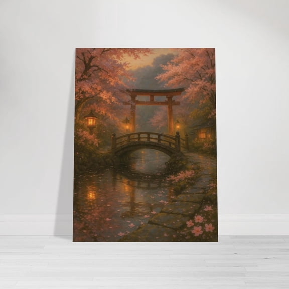 Japanese Cherry Blossom Bridge Romantic Twilight Wall Decor Unframed Paper Print