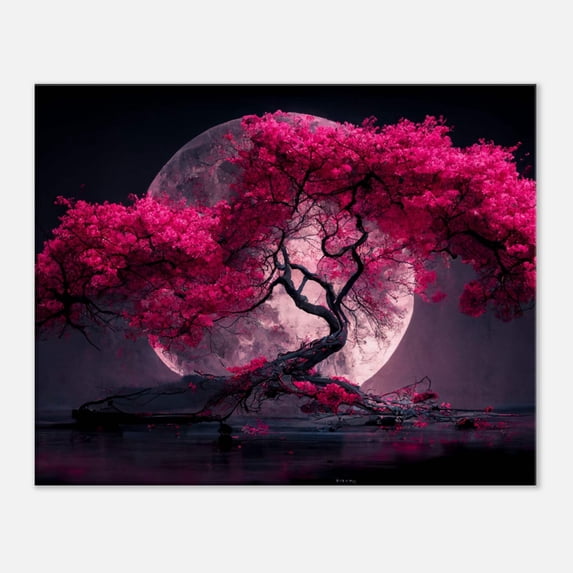 Japanese Cherry Blossom Canvas Art, Full Moon, High-Quality Home or Office Decor