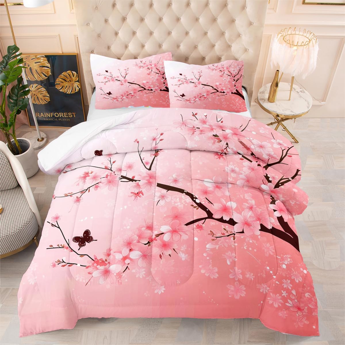 Japanese Cherry Blossom Comforter Set King Size Flower Butterfly Bedding Sets Pastel Pink Bed