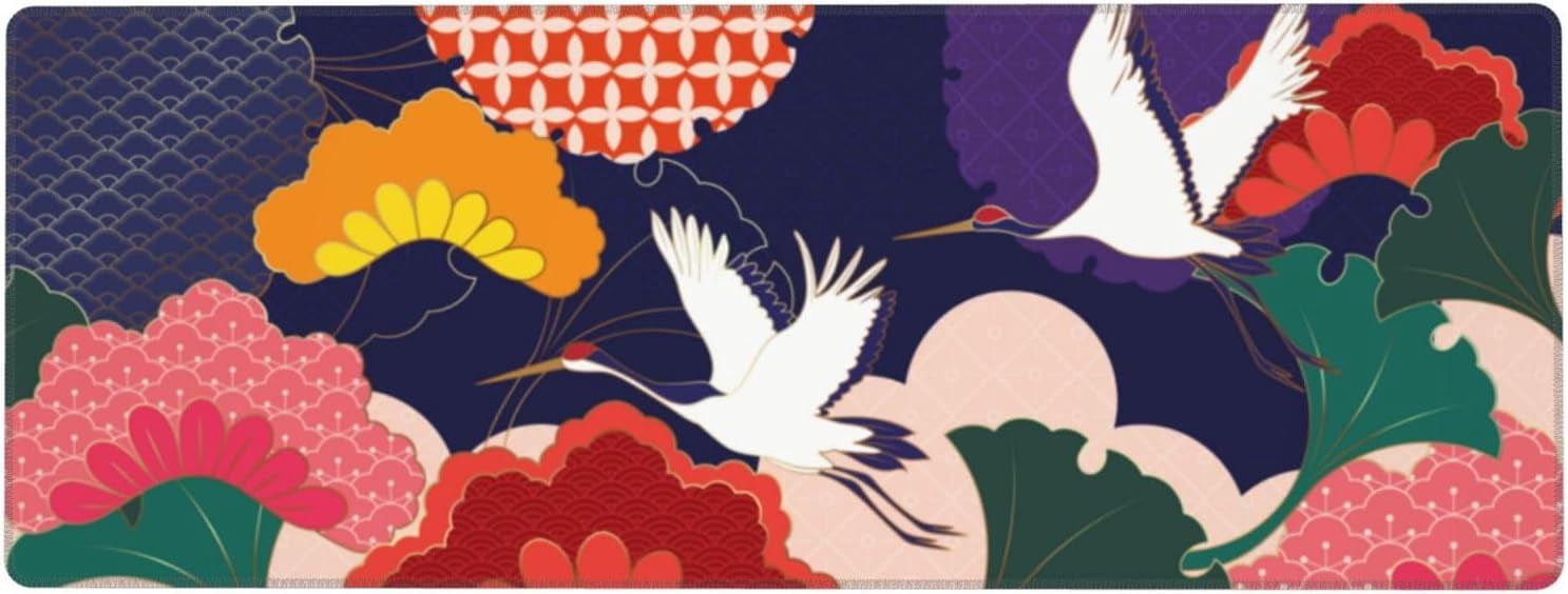Japanese Cherry Blossom and Cranes Mouse Pad, Waterproof Extended Large Gaming Mousepad Desktop, Big Long Non-Slip Mouse Mat for Laptop, Keyboard, Computer for Decor Office, 31.5 * 11.8 in