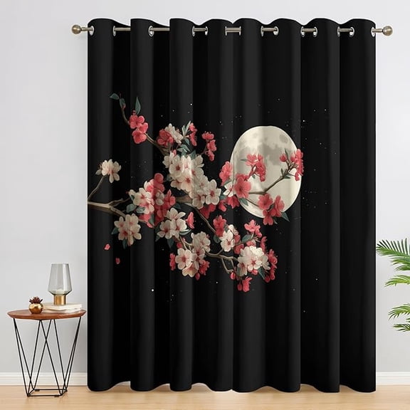Japanese Cherry Blossom Curtains for Bedroom Decor, Moon Floral Pattern Design Blackout Drapes, Japanese Cherry Blossom Curtains for Kitchen Bathroom Cafe 26"W x 45"L (Pack of 2)