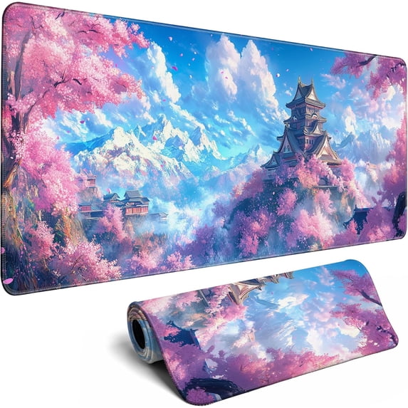 Japanese Cherry Blossom Desk Mat Anime Gaming Mouse Pad Large Desk Pad for Desk Computer Pc Laptop Office Decor, Mouse Keyboard Pad Stitched Edges Non-Slip Rubber Mat Desk Pad, 31.5x11.8 in