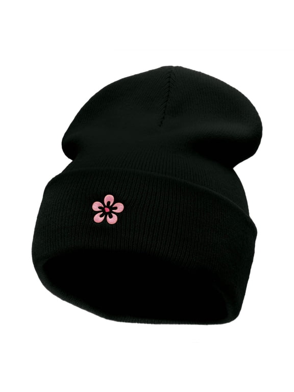 Japanese Cherry Blossom Embroidered 12 Inch Long Knitted Beanie - Black OSFM