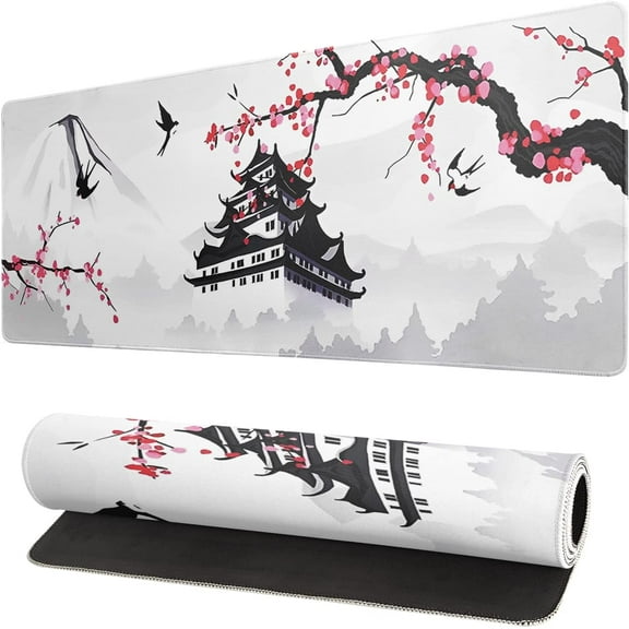 Japanese Cherry Blossom Gaming Mouse Pad 31.5 X 11.8 Inch Japanese Pagoda Sakura White Anime Large Mousepad Non-Slip Rubber Base Stitched Edges Keyboard Mouse Mat Desk Pad for Office Home Game